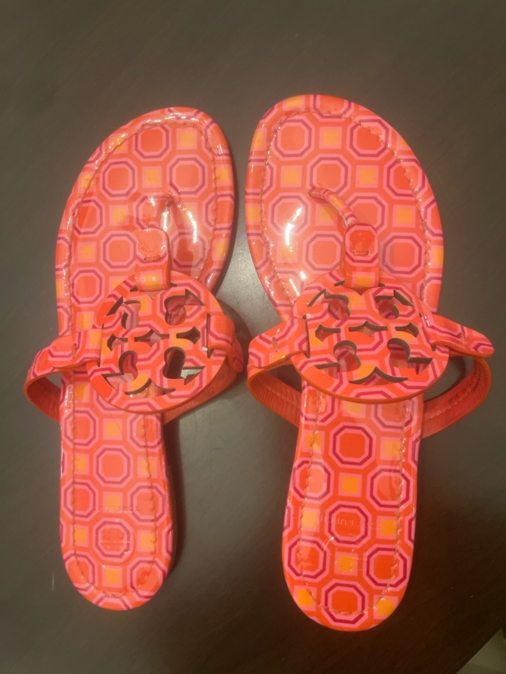 Tory Burch Miller Patent Leather Sandals Vivid Orange Octagon Square 8.5